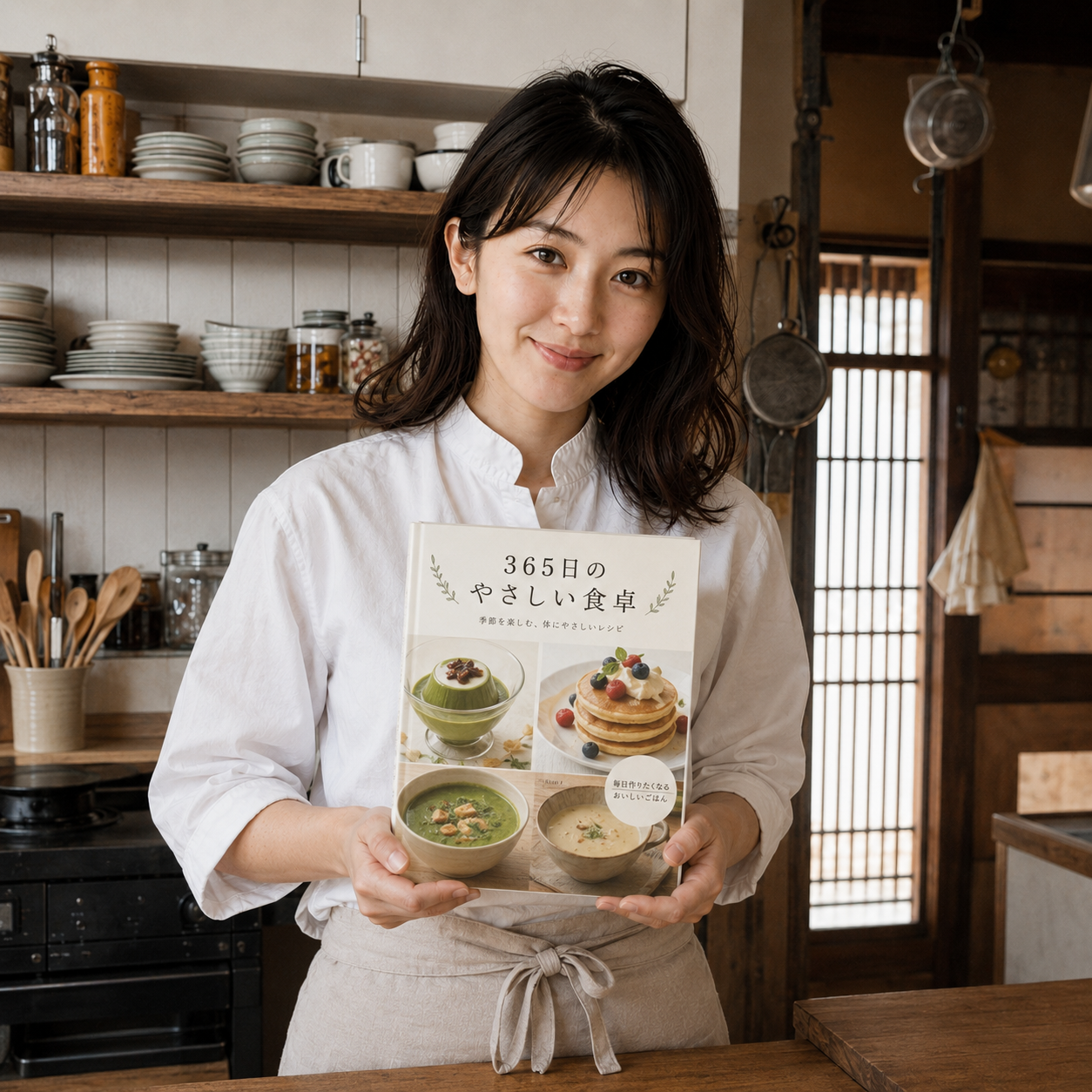 キッチンで『365日の食卓』を手にする著者 森岡菜緒