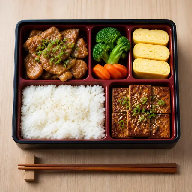 鶏の生姜焼き、ごはん、ブロッコリー、にんじん、卵焼き、豆腐のお弁当