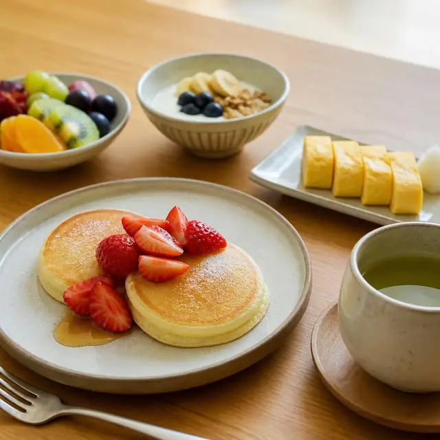 米粉のパンケーキ、果物、緑茶を並べた朝食