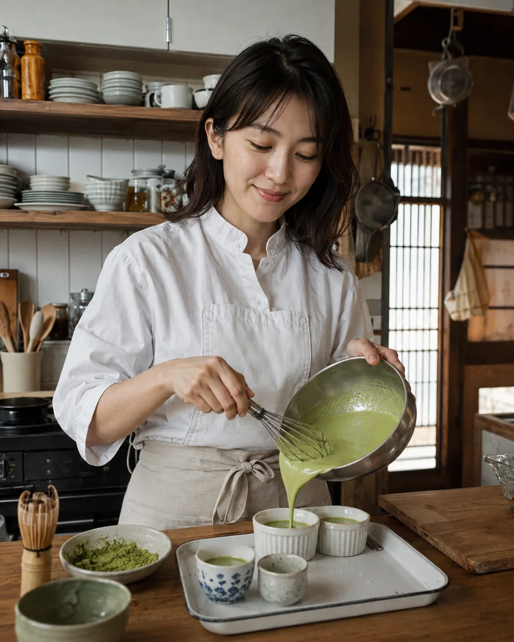 キッチンで抹茶プリンの生地を器に注ぐ著者