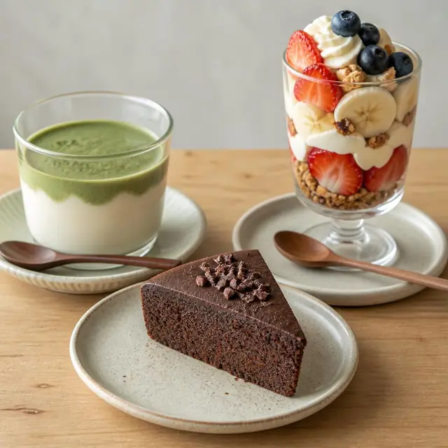 抹茶プリン、米粉のチョコレートケーキ、フルーツパフェ